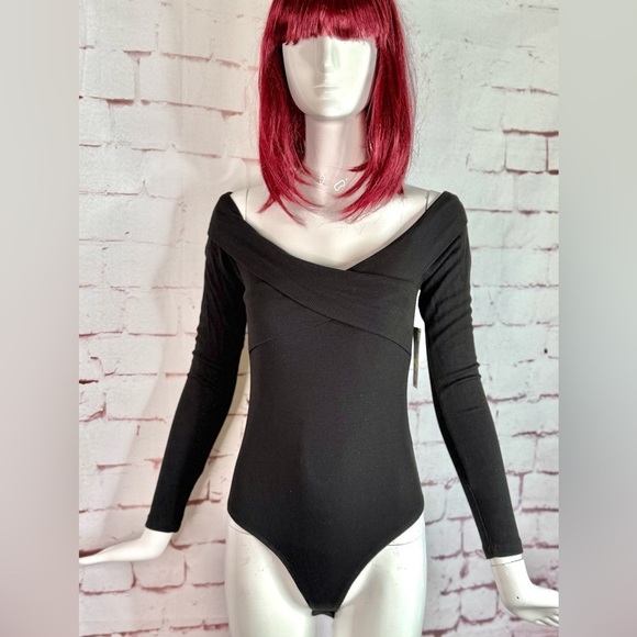 MATERIAL GIRL Bodysuit Black Off Shoulder Portrait Neckline Ribbed Stretch M NWT - Picture 9 of 12
